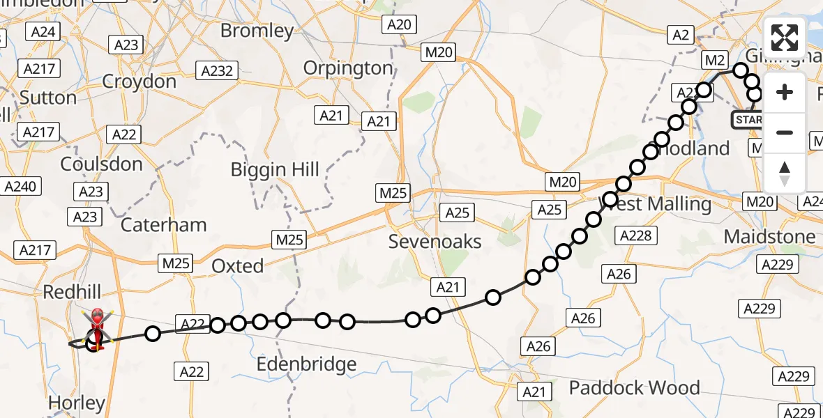 Flight path map showing Air Ambulance Helicopter route from Rochester Airport to Redhill Aerodrome
