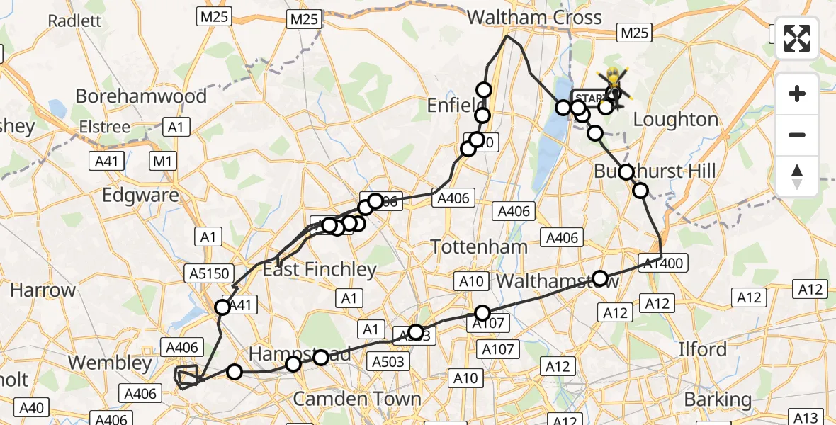 Flight path map showing Police Helicopter route from Sewardstonebury to Sewardstonebury