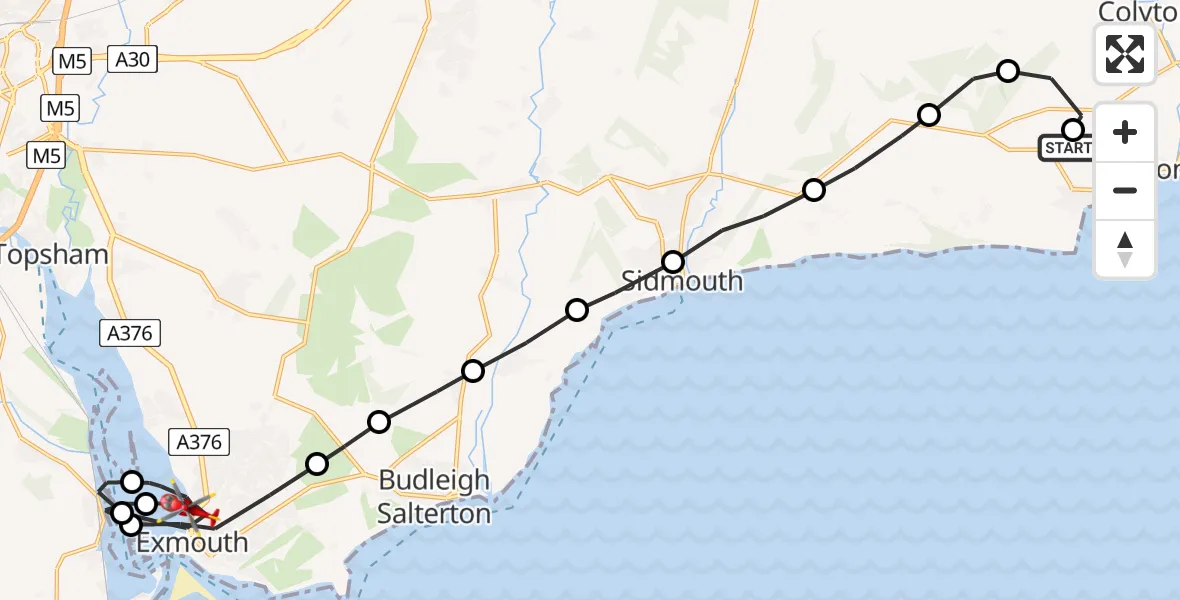 Flight path map showing Air Ambulance Helicopter route from Beer to Exmouth