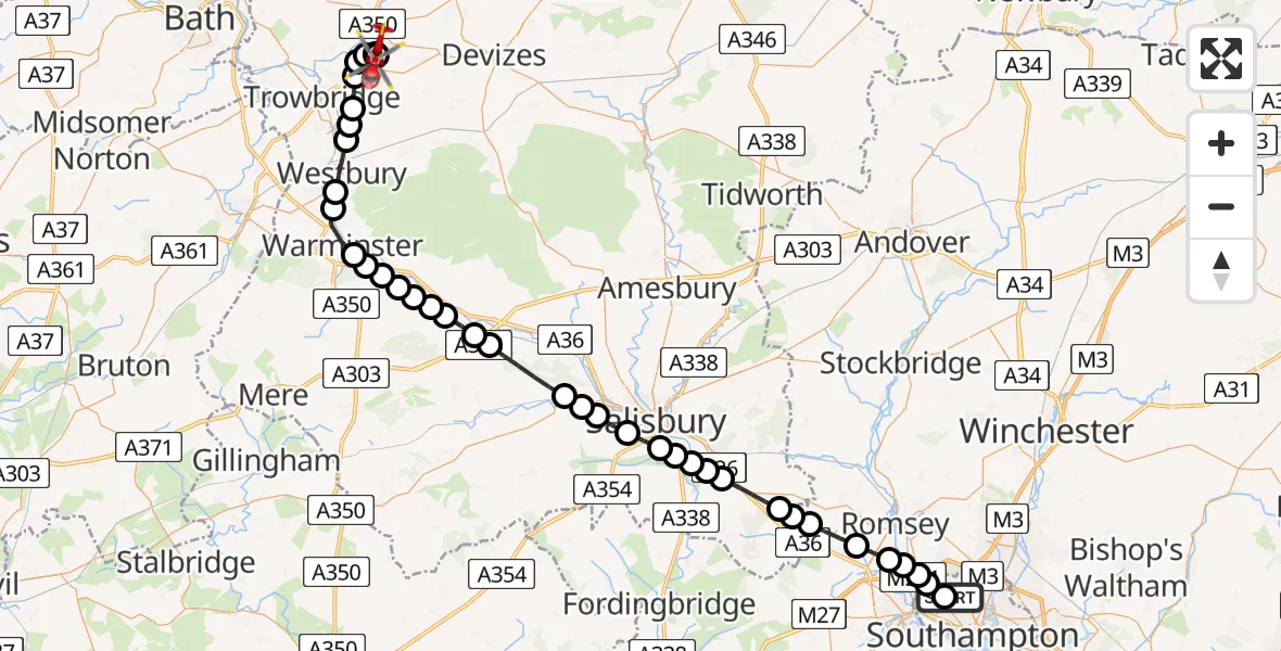 Flight path map showing Air Ambulance Helicopter route from University Hospital Southampton to Wiltshire Air Ambulance