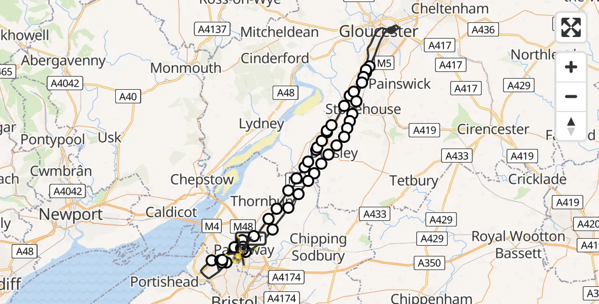 Flight path map showing Police Helicopter route from Almondsbury Helicopter Base to Patchway