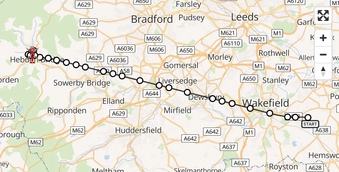 Flight path map showing Air Ambulance Helicopter route from YAA Nostell Helicopter Port to Heptonstall