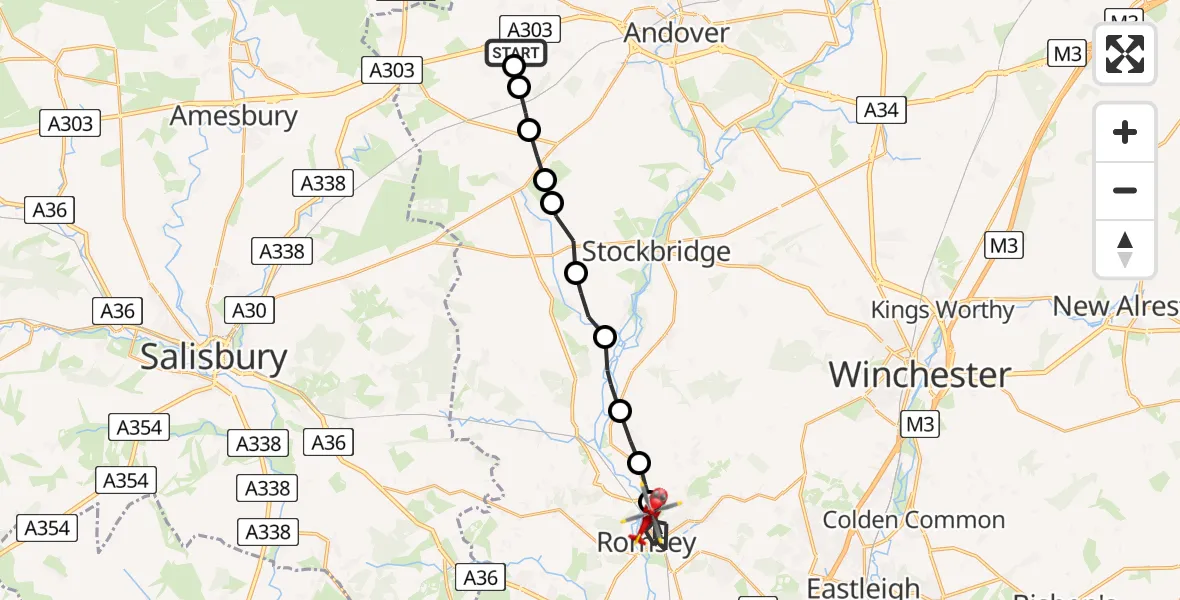 Flight path map showing Air Ambulance Helicopter route from Thruxton to Romsey
