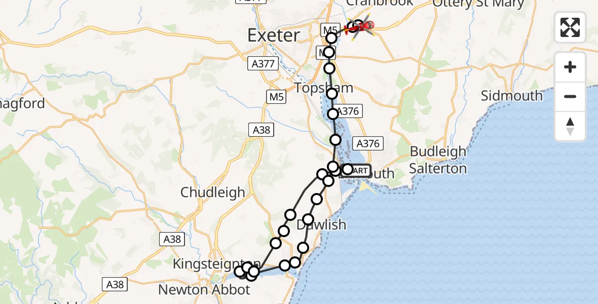 Flight path map showing Air Ambulance Helicopter route from Exmouth to Exeter International Airport