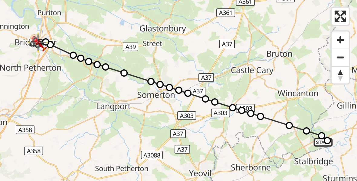 Flight path map showing Air Ambulance Helicopter route from Henstridge Airfield to Bridgwater