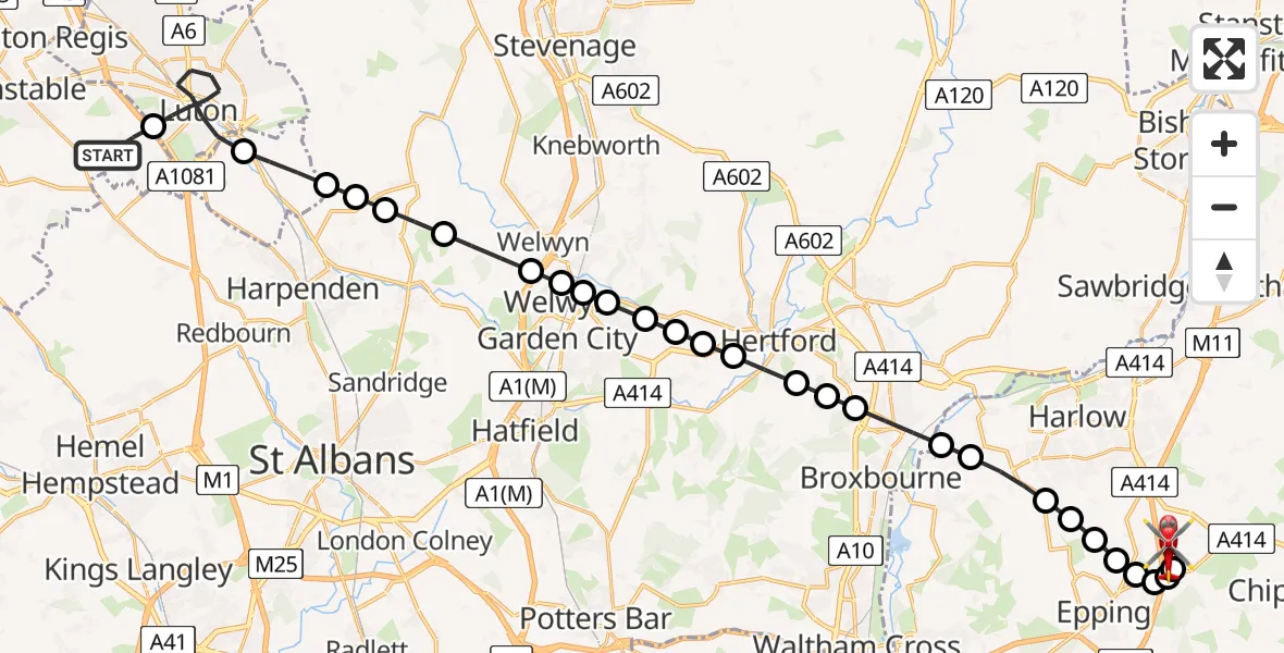 Flight path map showing Air Ambulance Helicopter route from Caddington to North Weald Airfield