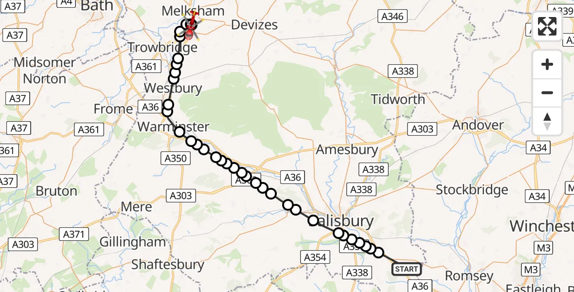 Flight path map showing Air Ambulance Helicopter route from Whiteparish to Wiltshire Air Ambulance