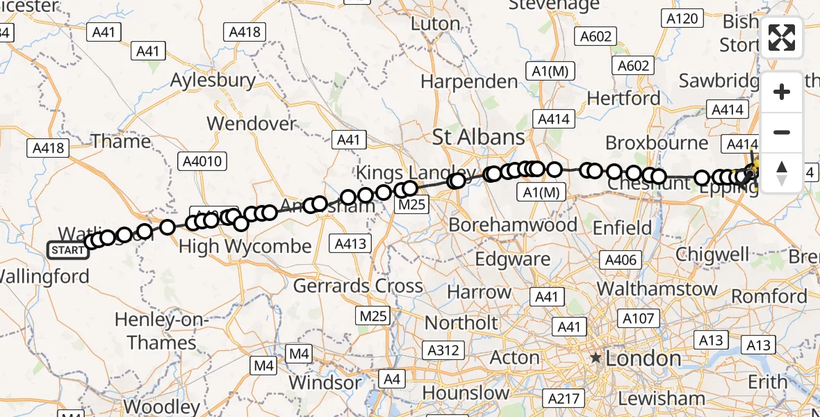 Flight path map showing Police Helicopter route from Ewelme to North Weald Airfield