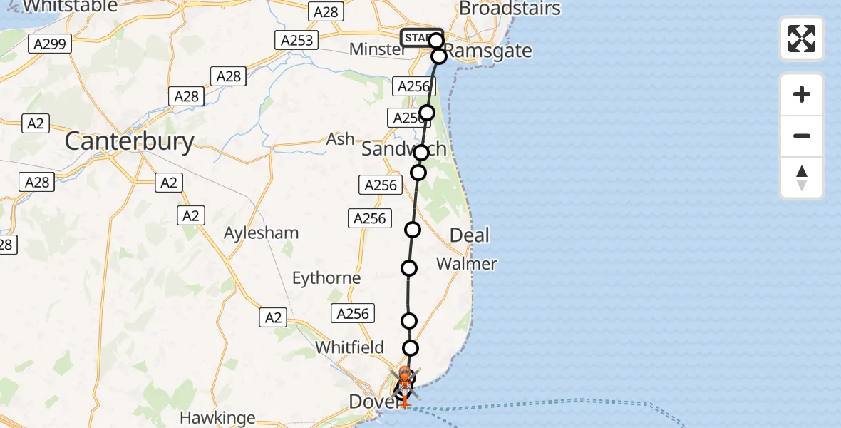 Flight path map showing Coastguard Helicopter route from Manston Airport to Langdon Battery Heliport