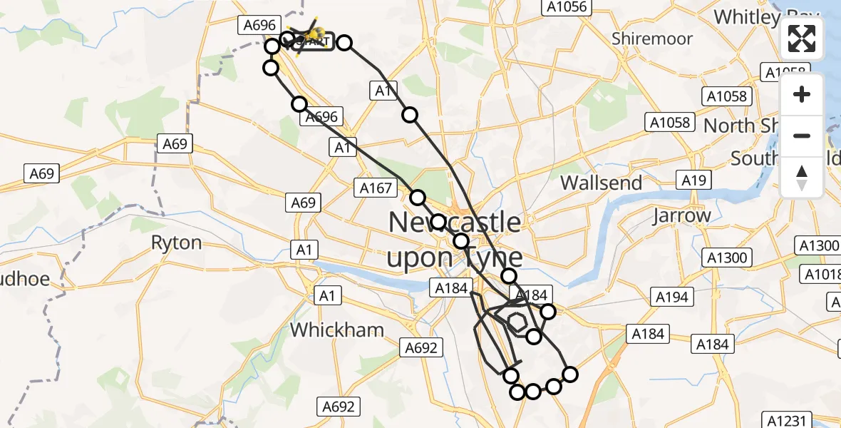 Flight path map showing Police Helicopter route from Newcastle International Airport to Newcastle International Airport