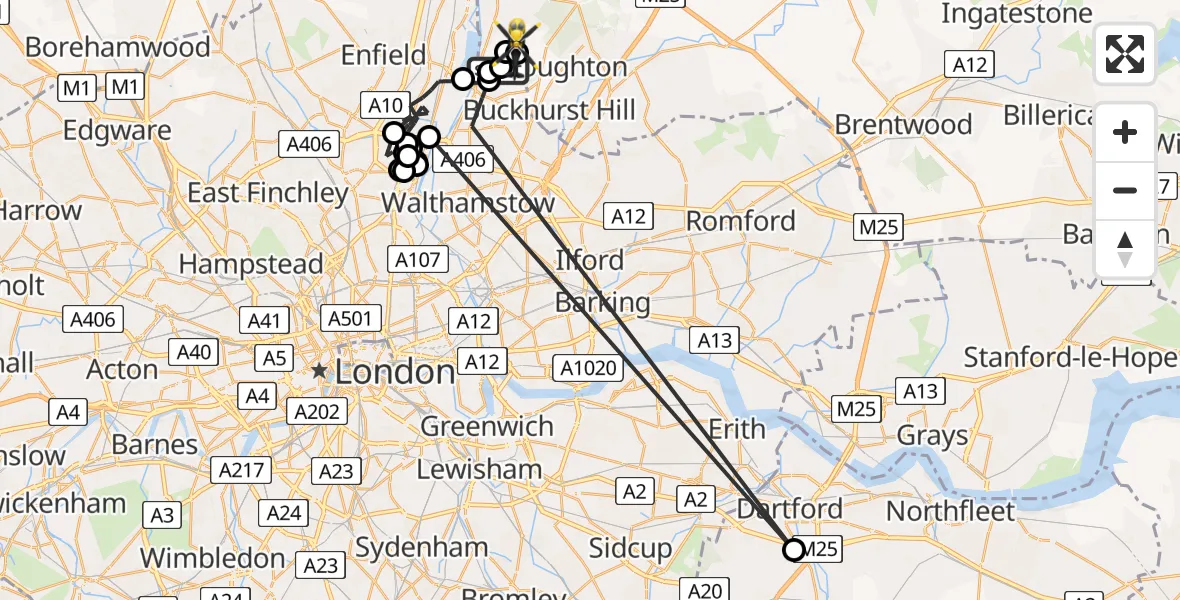 Flight path map showing Police Helicopter route from Greater London to Metropolitan Police Air Support Unit Lippitts Hill