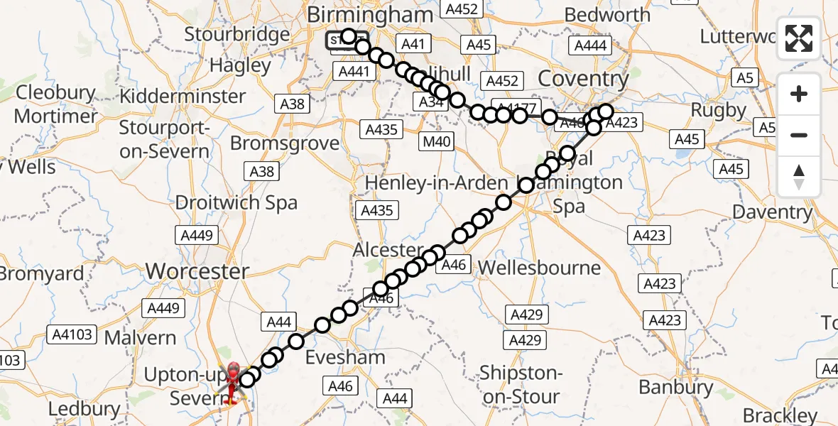 Flight path map showing Air Ambulance Helicopter route from Queen Elizabeth Hospital Helipad to Hill Croome