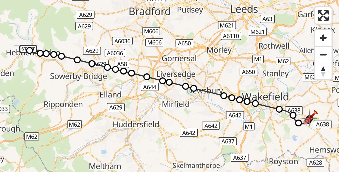 Routekaart van de vlucht: Air Ambulance Helicopter to YAA Nostell Helicopter Port