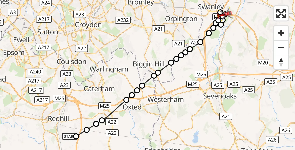 Flight path map showing Air Ambulance Helicopter route from Redhill Aerodrome to Swanley