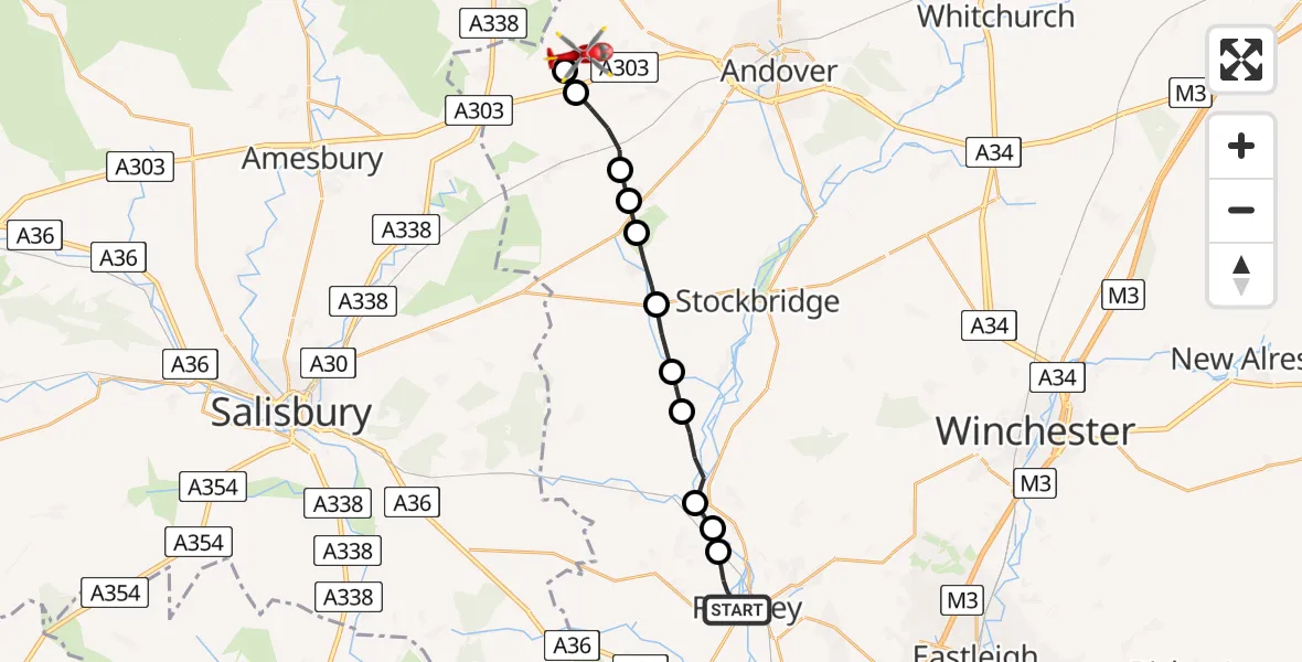 Flight path map showing Air Ambulance Helicopter route from Romsey to Kimpton