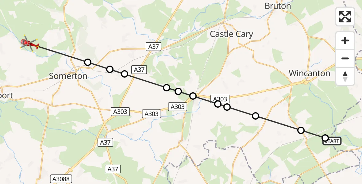 Flight path map showing Air Ambulance Helicopter route from Henstridge to Somerton