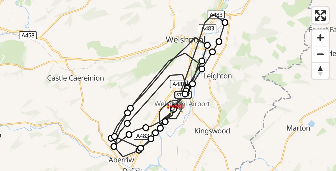 Flight path map showing Air Ambulance Helicopter route from Welshpool Airport to Welshpool Airport
