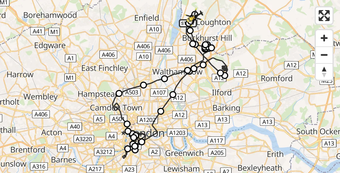 Routekaart van de vlucht: Police Helicopter to Metropolitan Police Air Support Unit Lippitts Hill
