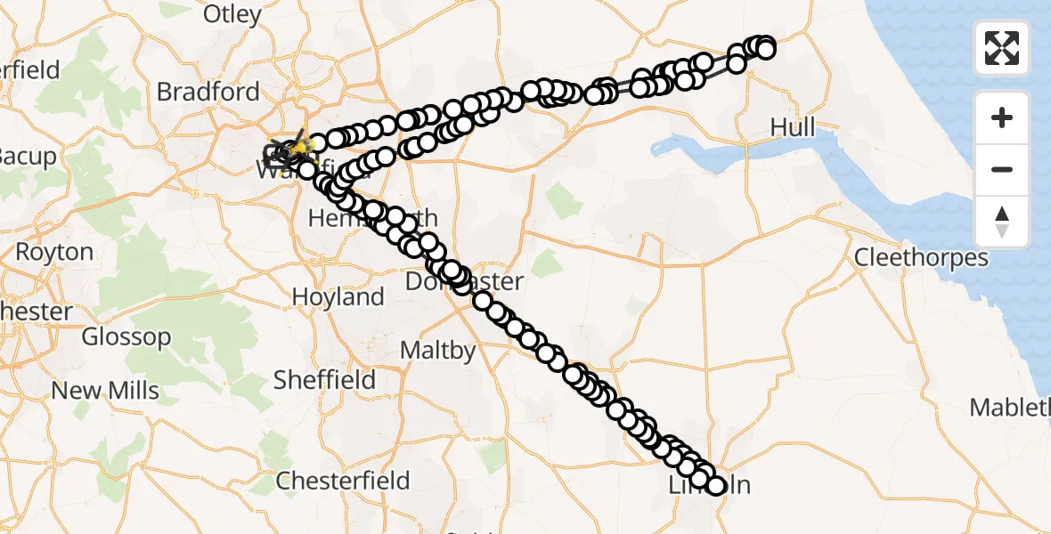 Flight path map showing Police Helicopter route from Ossett to Woodkirk