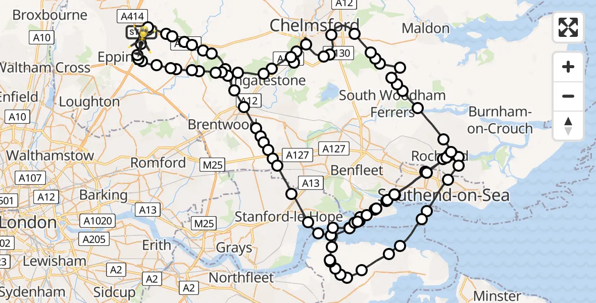 Flight path map showing Police Helicopter route from North Weald Airfield to North Weald Airfield