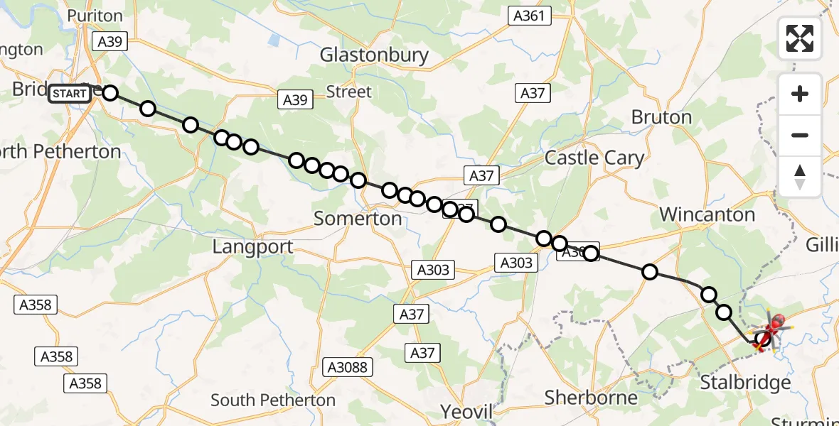 Flight path map showing Air Ambulance Helicopter route from Bridgwater to Henstridge Airfield
