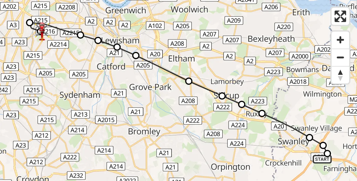 Flight path map showing Air Ambulance Helicopter route from Swanley to Kings College London Hospital