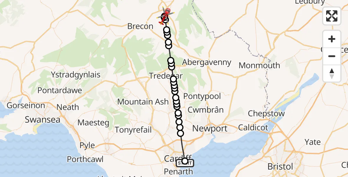 Flight path map showing Air Ambulance Helicopter route from Cardiff Heliport to Llangors