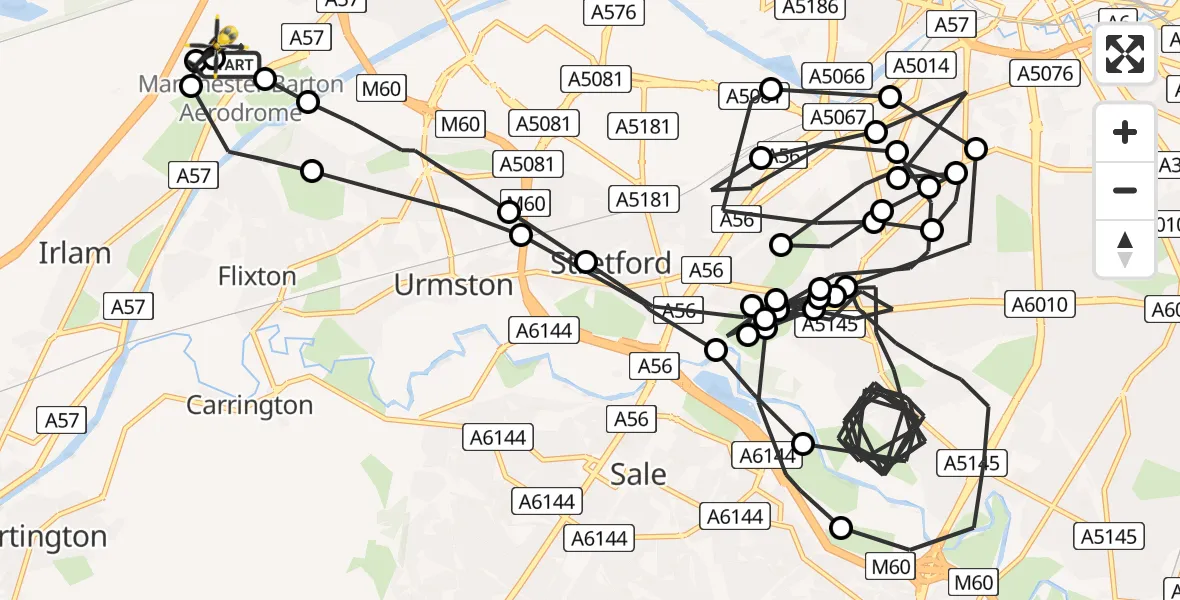 Flight path map showing Police Helicopter route from Manchester Barton Aerodrome to Manchester Barton Aerodrome