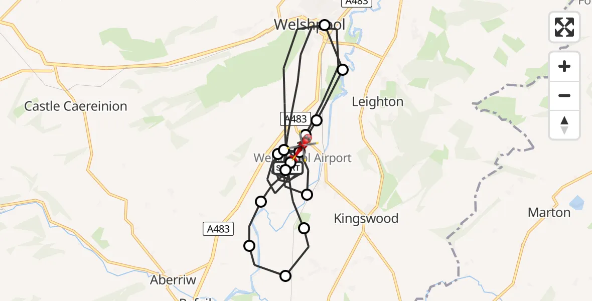 Flight path map showing Air Ambulance Helicopter route from Welshpool Airport to Welshpool Airport
