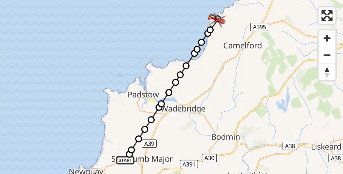 Flight path map showing Air Ambulance Helicopter route from Cornwall Airport Newquay to Tintagel