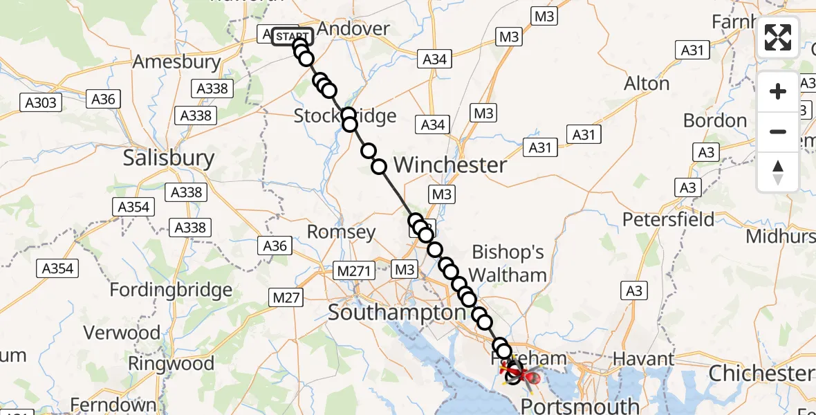 Flight path map showing Air Ambulance Helicopter route from Thruxton to Fareham