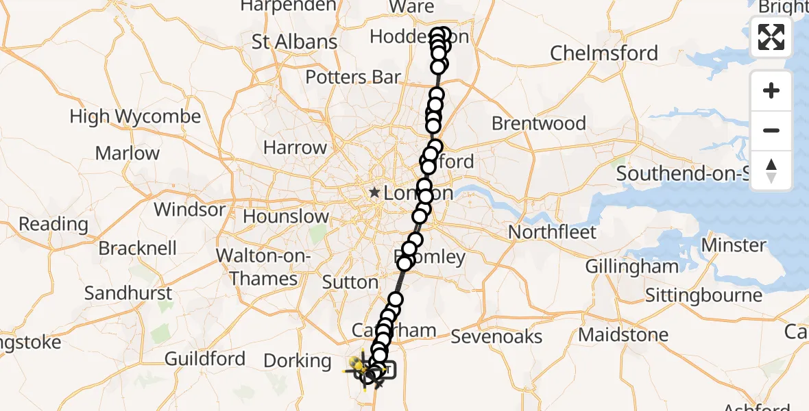 Flight path map showing Police Helicopter route from South Nutfield to Salfords