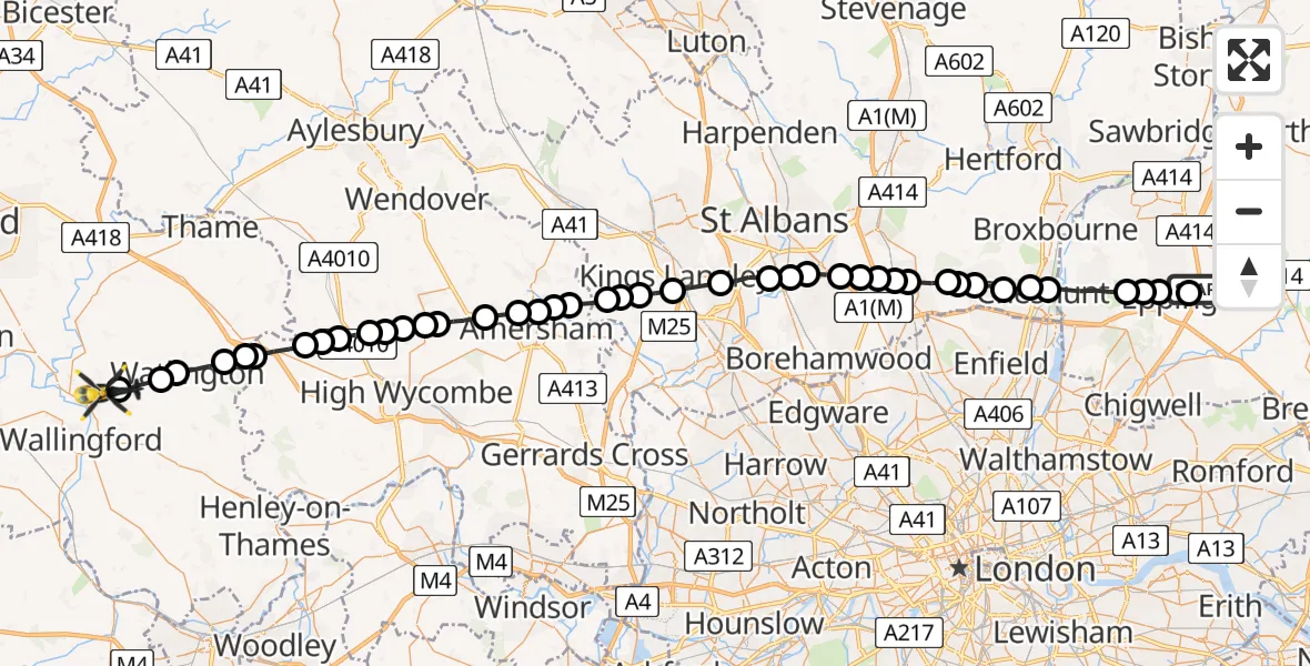 Routekaart van de vlucht: Police Helicopter to Ewelme, The Sands