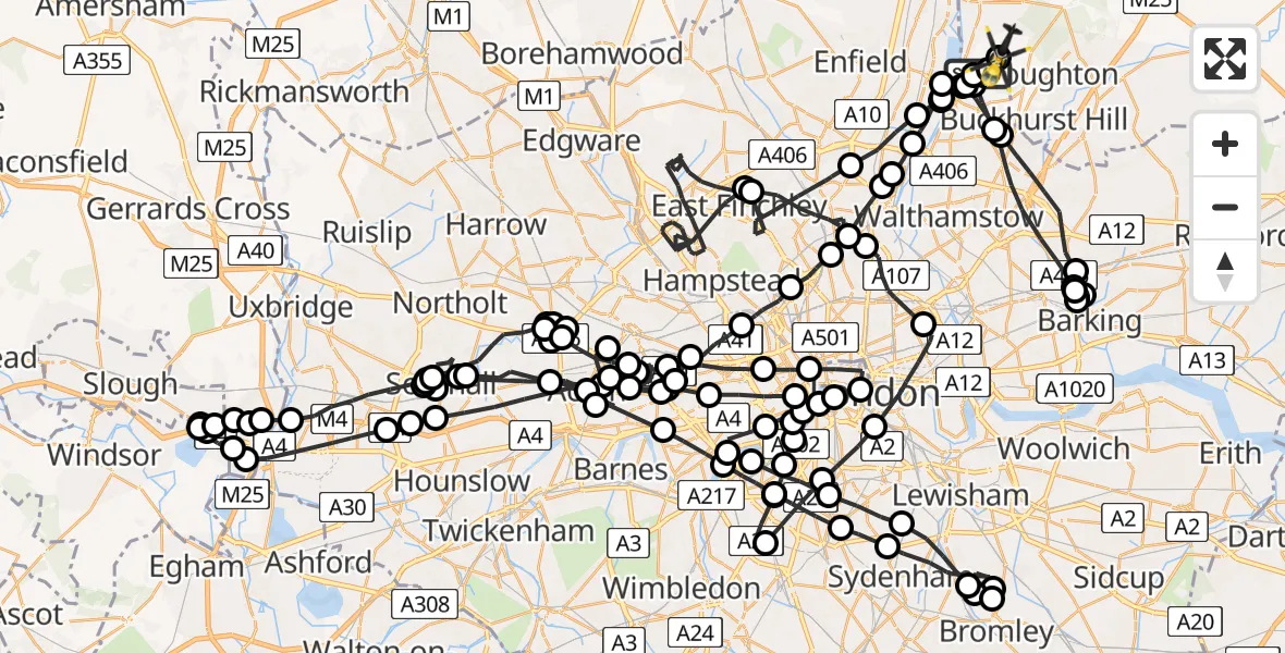 Flight path map showing Police Helicopter route from Greater London to Metropolitan Police Air Support Unit Lippitts Hill