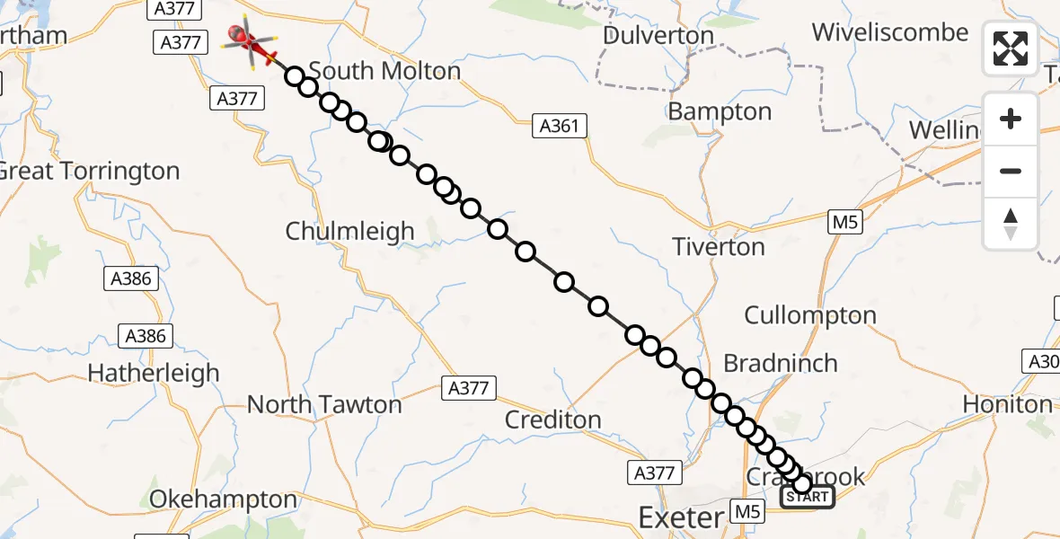 Flight path map showing Air Ambulance Helicopter route from Exeter International Airport to North Devon