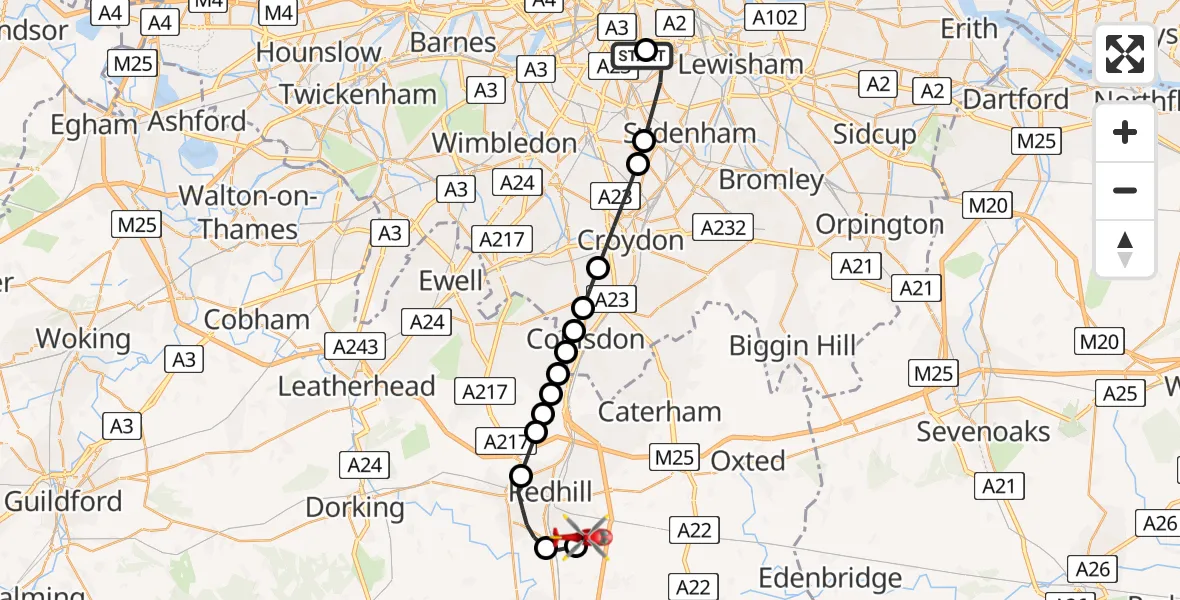 Flight path map showing Air Ambulance Helicopter route from Kings College London Hospital to Redhill Aerodrome