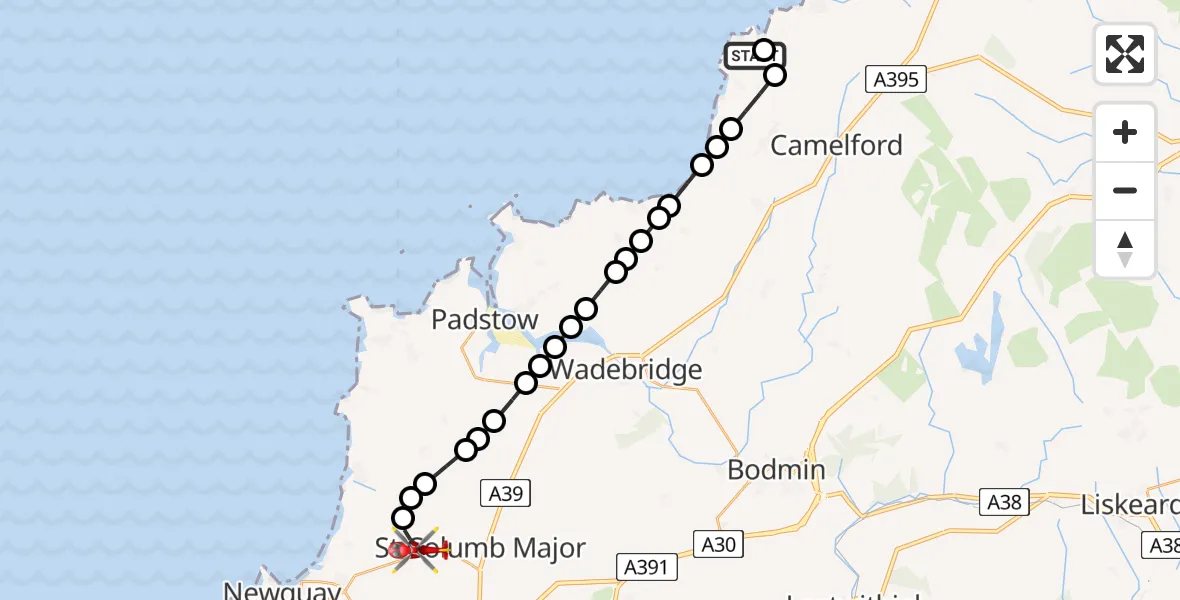 Flight path map showing Air Ambulance Helicopter route from Treknow to Cornwall Airport Newquay