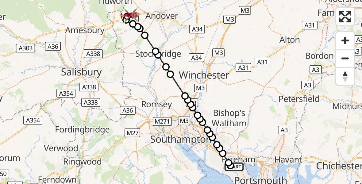 Flight path map showing Air Ambulance Helicopter route from Fareham to Thruxton Aerodrome