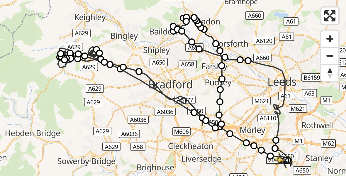 Flight path map showing Police Helicopter route from East Ardsley to East Ardsley