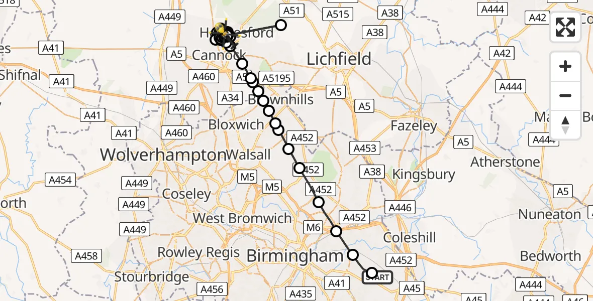 Flight path map showing Police Helicopter route from Birmingham Airport to Cannock