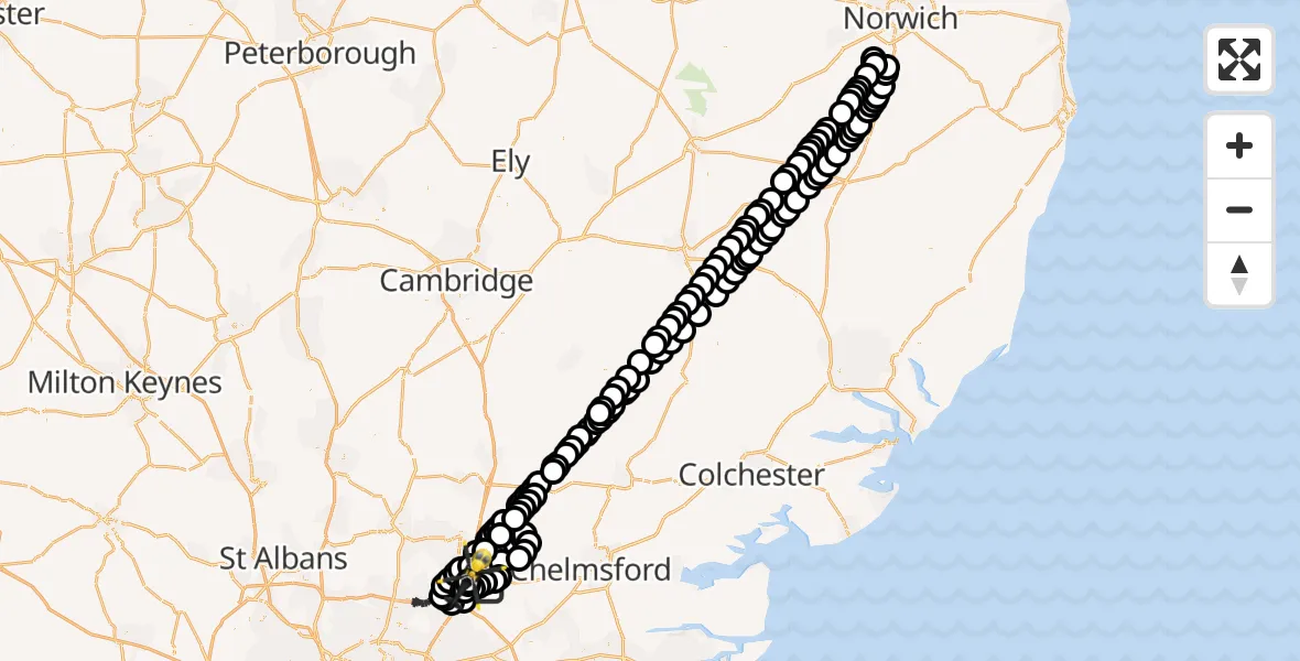 Flight path map showing Police Helicopter route from North Weald Airfield to North Weald Airfield