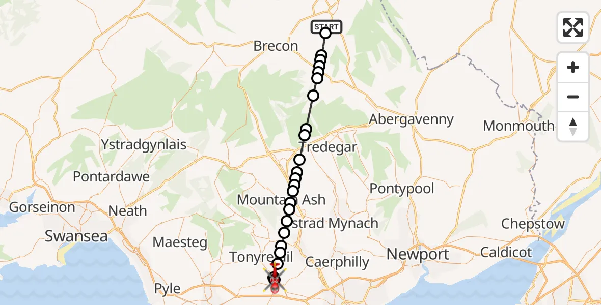 Flight path map showing Air Ambulance Helicopter route from Talgarth to Llantrisant