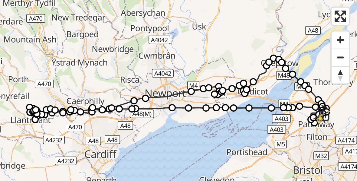 Flight path map showing Police Helicopter route from Almondsbury Helicopter Base to Almondsbury Helicopter Base