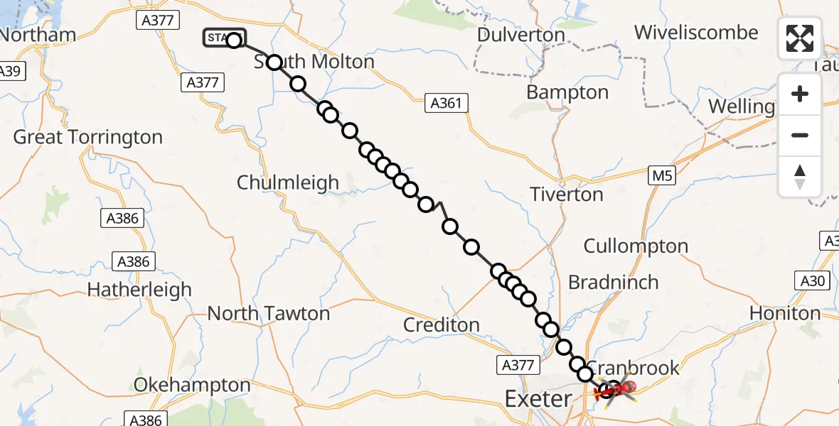 Routekaart van de vlucht: Air Ambulance Helicopter to Exeter International Airport