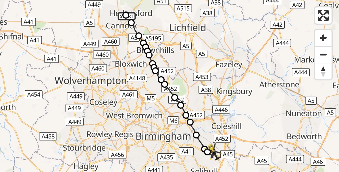 Flight path map showing Police Helicopter route from Cannock to Birmingham Airport