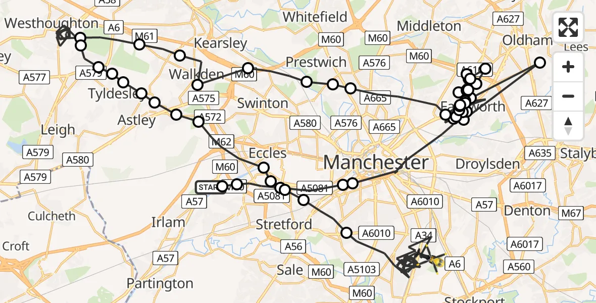 Flight path map showing Police Helicopter route from Manchester Barton Aerodrome to Manchester