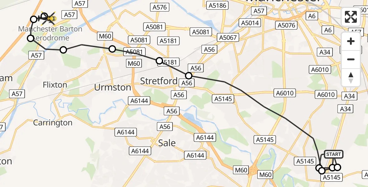 Flight path map showing Police Helicopter route from Manchester to Manchester Barton Aerodrome