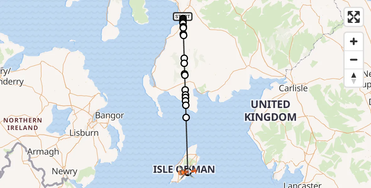 Flight path map showing Coastguard Helicopter route from Glasgow Prestwick Airport to Noble's Hospital Heliport