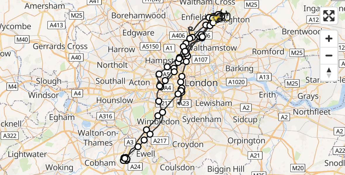Flight path map showing Police Helicopter route from Metropolitan Police Air Support Unit Lippitts Hill to Sewardstonebury
