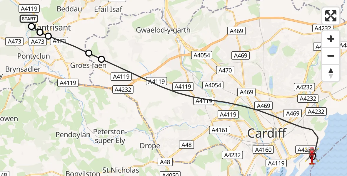 Flight path map showing Air Ambulance Helicopter route from Royal Glamorgan Hospital Heliport to Cardiff Heliport